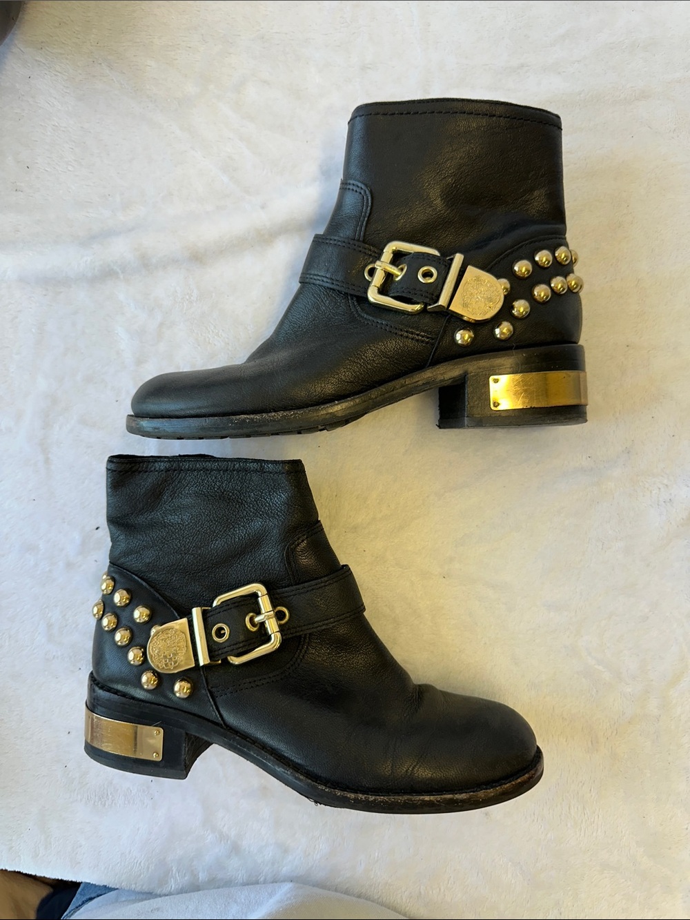 Vince Camuto Black Leather Studded Booties with Gold Accents